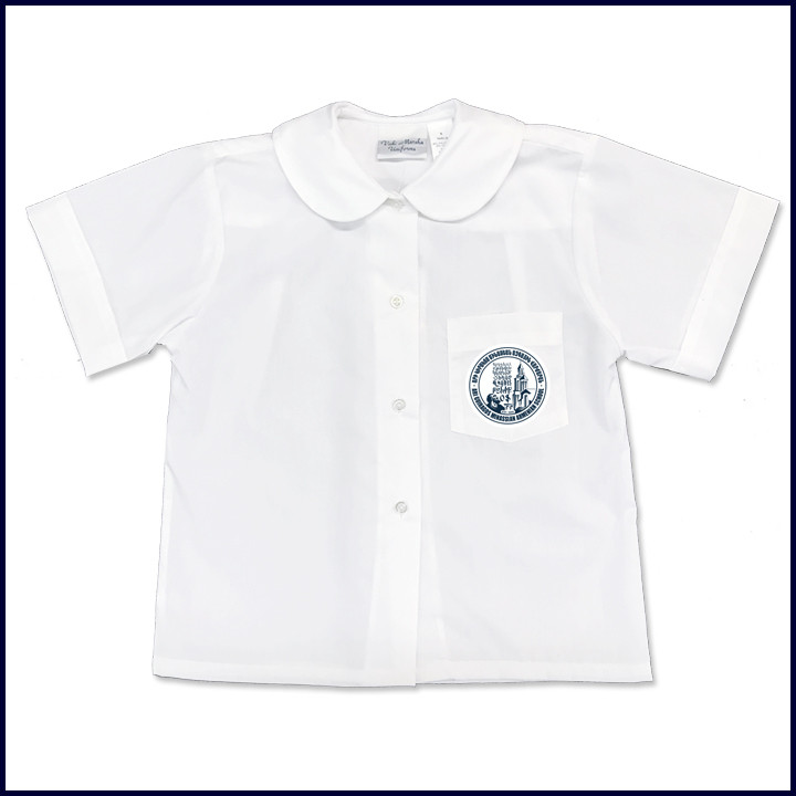 Round Collar Blouse: Short Sleeve with Formal Logo on Pocket