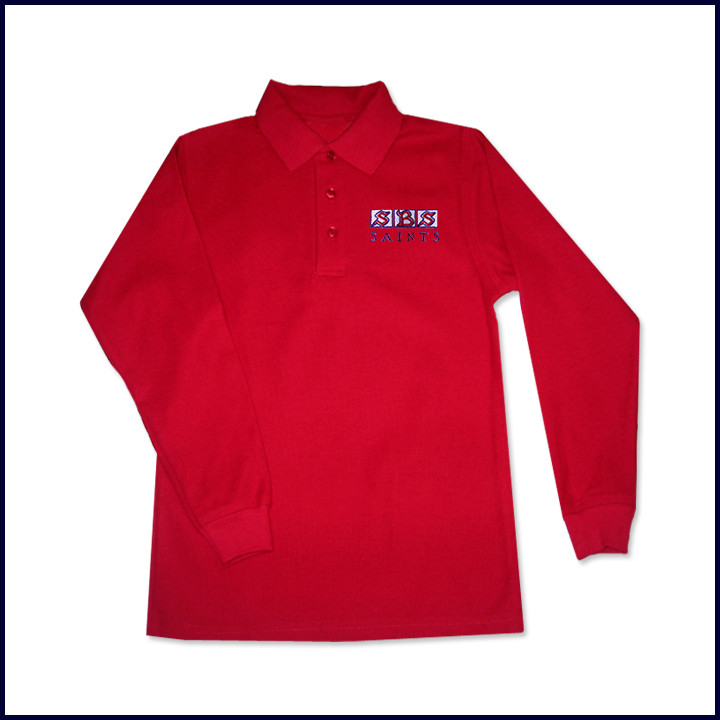 Red Classic Mesh Polo Shirt: Long Sleeve with SBS Saints Embroidered Logo