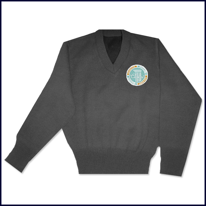 V-Neck Pullover Sweater with School Emblem