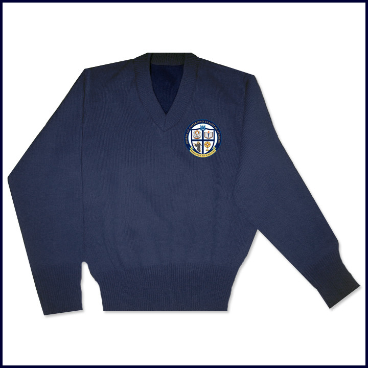 V-Neck Pullover Sweater with School Emblem