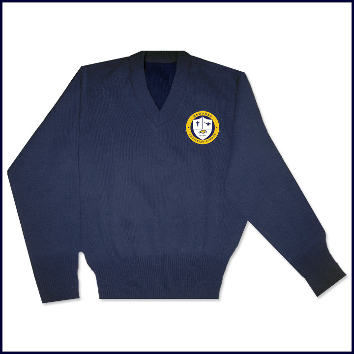 V-Neck Pullover Sweater with School Emblem
