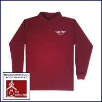 Cardinal Unisex Mesh Polo Shirt: Long Sleeve with HRSJ Logo on Chest & Microschool on Sleeve