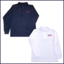 White or Navy Classic Mesh Polo Shirt: Long Sleeve with School Logo