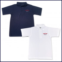White or Navy Classic Mesh Polo Shirt: Short Sleeve with School Logo
