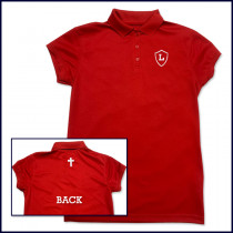 Red Girls Performance Polo Shirt: Short Sleeve with Embroidered Shield on Front & Cross on Back