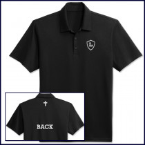 Black Classic Performance Polo Shirt: Short Sleeve with Embroidered Shield on Front & Cross on Back