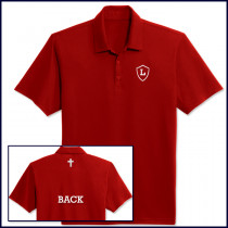 Red Classic Performance Polo Shirt: Short Sleeve with Embroidered Shield on Front & Cross on Back