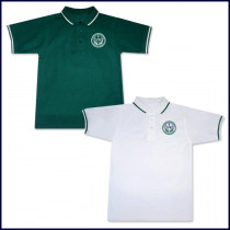 Classic Mesh Polo Shirt: Short Sleeve - Striped Collar & Sleeves with School Logo
