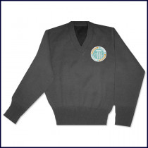 V-Neck Pullover Sweater with School Emblem