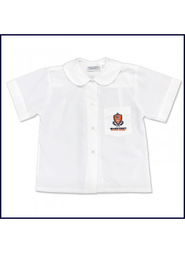 Round Collar Blouse: Short Sleeve with Embroidered Logo on Pocket