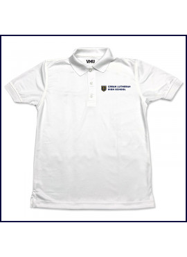 White Unisex Performance Polo Shirt: Short Sleeve with Crean Lutheran Logo