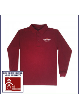 Cardinal Unisex Mesh Polo Shirt: Long Sleeve with HRSJ Logo on Chest & Microschool on Sleeve