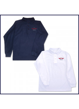 White or Navy Classic Mesh Polo Shirt: Long Sleeve with School Logo