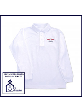 White Unisex Mesh Polo Shirt: Long Sleeve with HRSJ Logo on Chest & Microschool on Sleeve