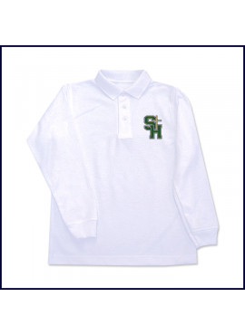White Classic Mesh Polo Shirt: Long Sleeve with School Logo