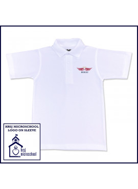 White Unisex Mesh Polo Shirt: Short Sleeve with HRSJ Logo on Chest & Microschool on Sleeve