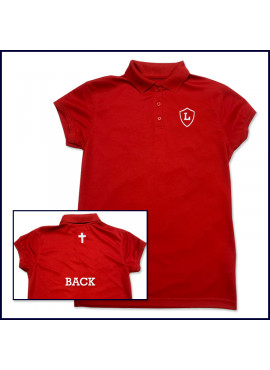 Red Girls Performance Polo Shirt: Short Sleeve with Embroidered Shield on Front & Cross on Back