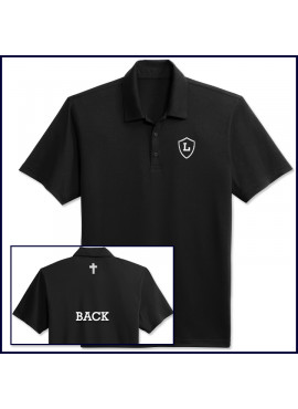 Black Classic Performance Polo Shirt: Short Sleeve with Embroidered Shield on Front & Cross on Back