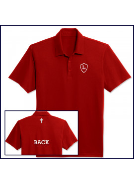 Red Classic Performance Polo Shirt: Short Sleeve with Embroidered Shield on Front & Cross on Back