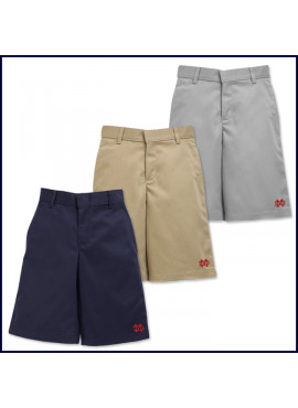 Boys Flat Front Shorts: Longer Length with MD Embroidered Logo 