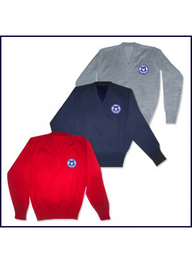 V-Neck Pullover Sweater with School Emblem