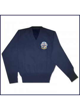 V-Neck Pullover Sweater with School Emblem