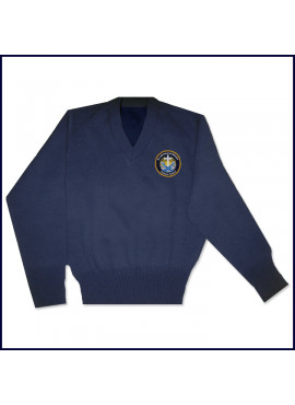 V-Neck Pullover Sweater with School Emblem